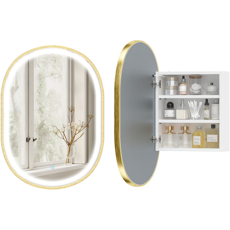 Armoire murale salle de bain avec miroir - HOMCOM - éclairage LED, porte ovale, anti-buée - alliage d'aluminium - 50x70cm - doré