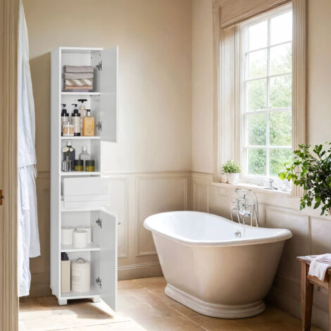 Armoire de Salle de Bain, Meuble de Salle de Bain avec Un Tiroir, Étagères Ajustables, Compartiment Ouvert, 30 x 30 x 170 cm, Blanc