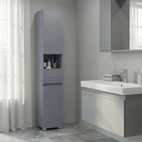 Armoire de Salle de Bain, Meuble de Salle de Bain avec Un Tiroir, Étagères Ajustables, Compartiment Ouvert, 30 x 30 x 170 cm, Gris