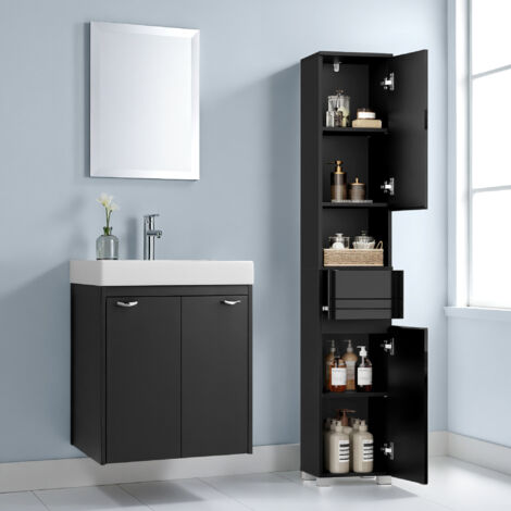 Armoire de Salle de Bain, Meuble de Salle de Bain avec Un Tiroir, Étagères Ajustables, Compartiment Ouvert, 30 x 30 x 170 cm, Noir