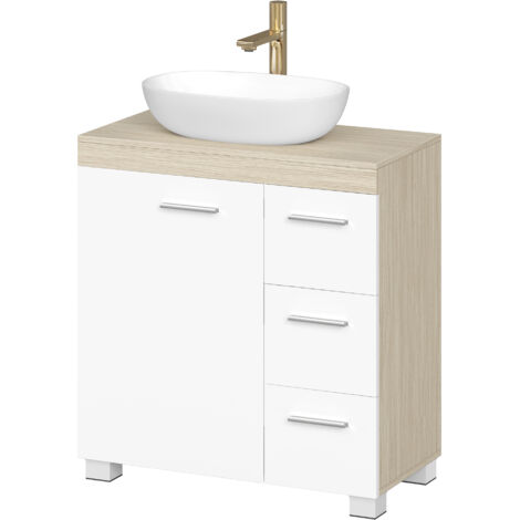 Armoire de Salle de Bain, Meuble Sous Lavabo avec Pieds, 2 Compartiments et 3 Tiroirs, Blanc et Beige