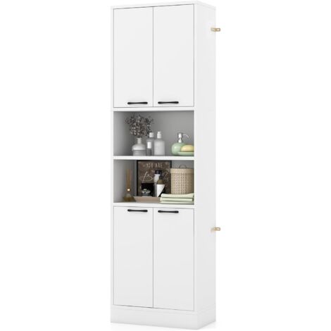 Armoire de Salle de Bain, Meuble sur Pied en Bois, 30x56x190cm, Armoire Haute avec 2 Étagères Ouvertes et 4 Portes, pour Cuisine et Salon (Noir)