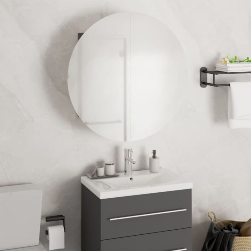 Armoire de salle de bain miroir rond et led Gris 47x47x17,5 cm