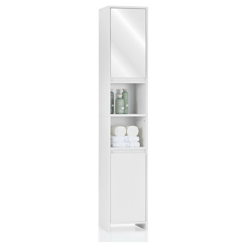 Armoire de salle de bain moderne en bois avec miroir, 2 portes et 2 étagères ouvertes, meuble de rangement étroit sur pied, 30 x 30 x 163 cm, pour
