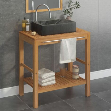 Armoire de salle de bain Moderne - Placard de Rangement - en teck solide avec lavabo en marbre Noir Chic-977038
