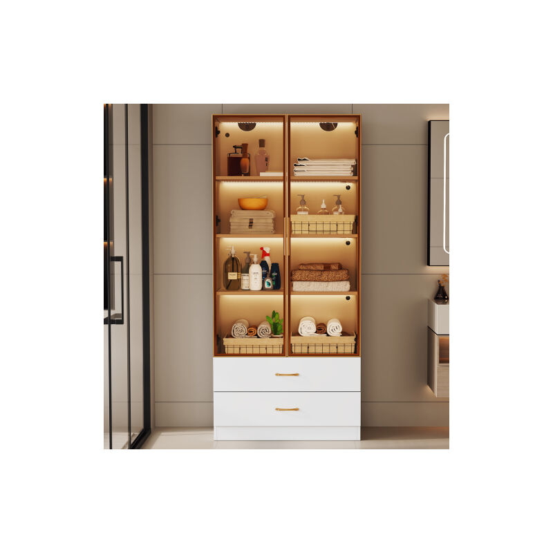 Armoire de salle de bain, moyenne, avec barre lumineuse, largeur 75 cm, avec 2 grands tiroirs et 2 portes, porte vitrée