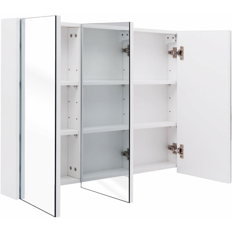 Armoire de salle de bain murale avec miroir 3 portes 6 étagères réglables 3 positions 90 x 11 x 65 cm blanc