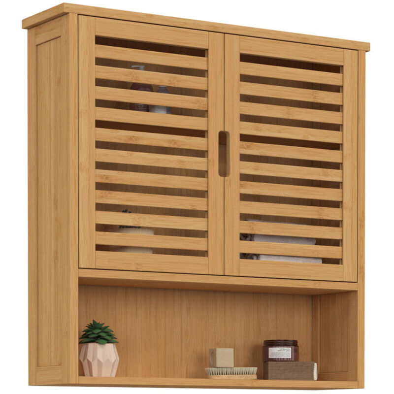 Meuble de rangement suspendu pour salle de bain bambou BEA 2 portes et étagère