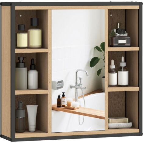 Armoire de salle de bain murale en finition chêne, 6 étagères ouvertes et 3 niveaux de rangement modulables.