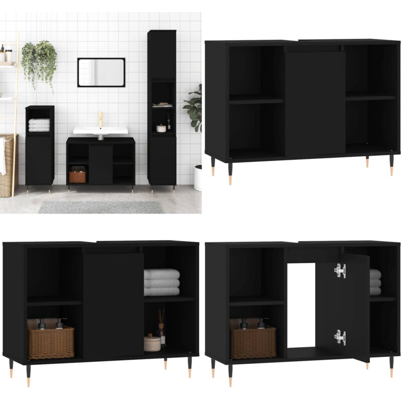 Armoire de salle de bain noir 80x33x60 cm bois d'ingénierie - Meuble De Salle De Bain - Armoire De Salle De Bain - Rangement Salle De Bain - Meuble