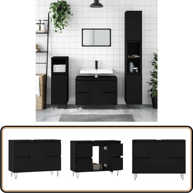 Armoire de salle de bain noir 80x33x60 cm bois d'ingénierie - Meuble De Salle De Bain - Armoire De Salle De Bain - Rangement Salle De Bain - Commode