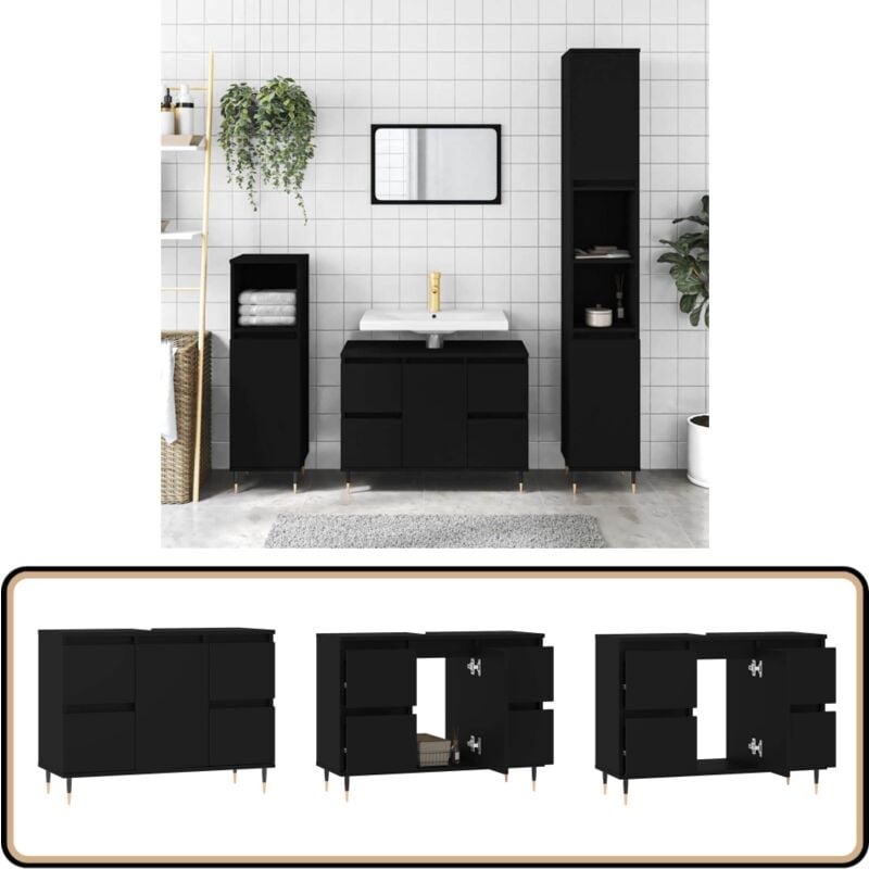 Armoire de salle de bain noir 80x33x60 cm bois d'ingénierie - Meuble De Salle De Bain - Armoire De Salle De Bain - Rangement Salle De Bain - Commode