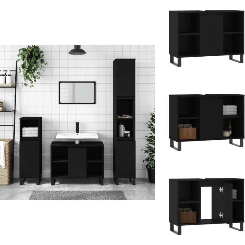 Armoire de salle de bain noir 80x33x60 cm bois d'ingénierie - Meuble De Salle De Bain - Armoire De Salle De Bain - Rangement Salle De Bain - Commode