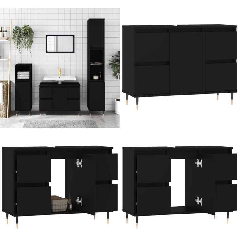 Armoire de salle de bain noir 80x33x60 cm bois d'ingénierie - Meuble De Salle De Bain - Armoire De Salle De Bain - Rangement Salle De Bain - Commode