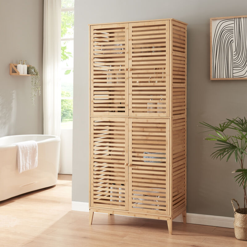 [En.Casa] – Armoire murale de salle de bain en bambou 180 x 80 x 40 cm – 4 portes à persiennes – 5 compartiments de rangement – Couleur naturel