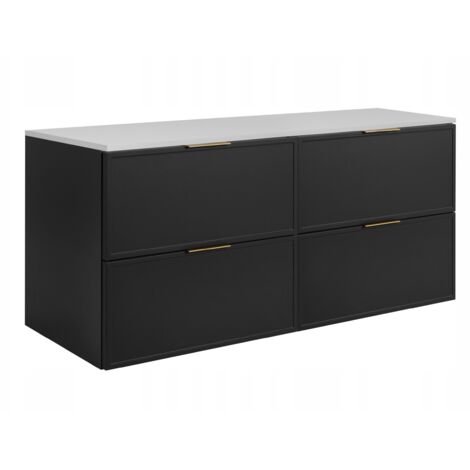 Armoire de salle de bain - SLIM - 120,6 cm - Gris foncé - 3 couleurs de poignées incluses GRATUITEMENT - avec plateau blanc - 4 tiroirs - Suspendu