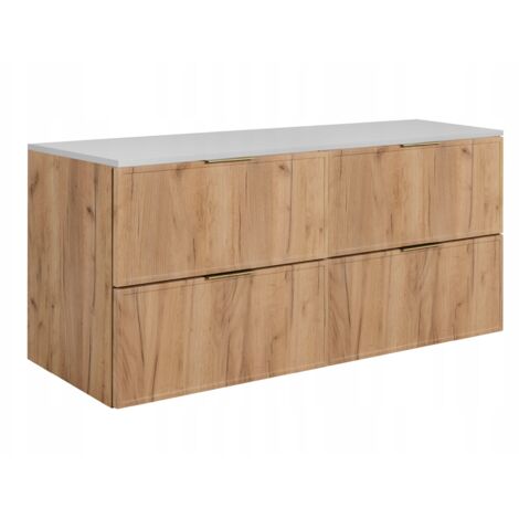 Armoire de salle de bain - SLIM - 120,6 cm - Marron - 3 couleurs de poignées incluses GRATUITEMENT - avec plateau blanc - 4 tiroirs - Suspendu