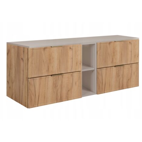 Armoire de salle de bain - SLIM - 140,6 cm - Marron - 3 couleurs de poignées incluses GRATUITEMENT - avec plateau et étagère beiges - Suspendue