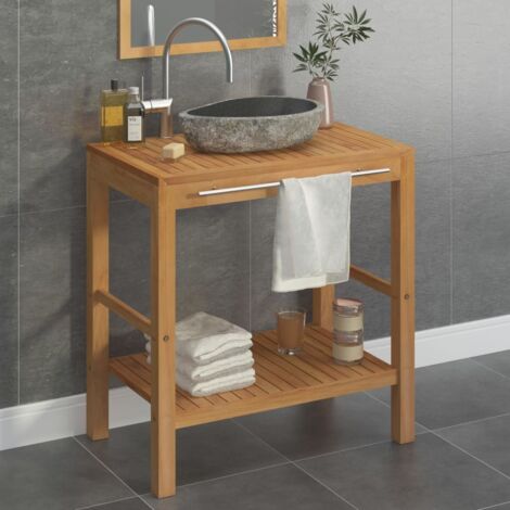 Armoire de salle de bain Style Moderne - Meuble de rangement de salle de bain Armoire de toilette - Teck solide et lavabo en pierre de rivière vidaXL