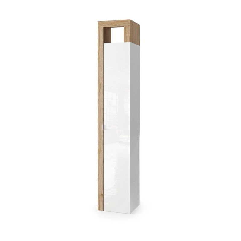 meublorama - colonne de salle de bains, 1 porte, 5 étagères, collection bura. coloris blanc brillant laqué et chêne clair - blanc