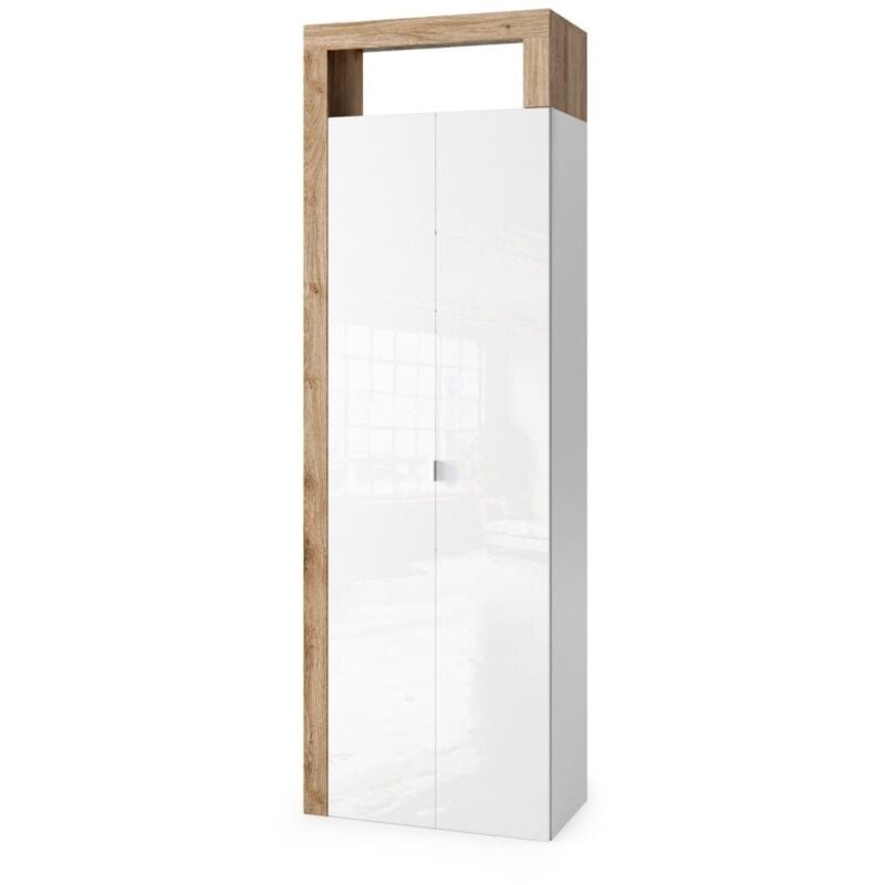 Meublorama - Armoire de salle de bains, 2 portes, collection bura. Coloris blanc brillant laqué et chêne clair