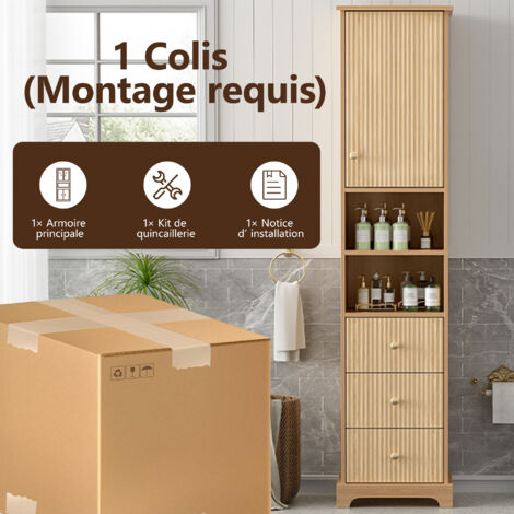 Armoire de salle de bains, dimensions : 40x30x172 cm. Matériau utilisé : plaque thermoformée en PVC. Design : motifs horizontaux sur la surface de l’armoire. L’armoire comprend trois tiroirs.