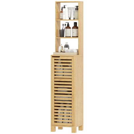 Armoire de salle de bains étroite, meuble haut avec 3 étagères ouvertes, étagères réglables et porte à lamelles, 34 x 30 x 170 cm, aspect naturel