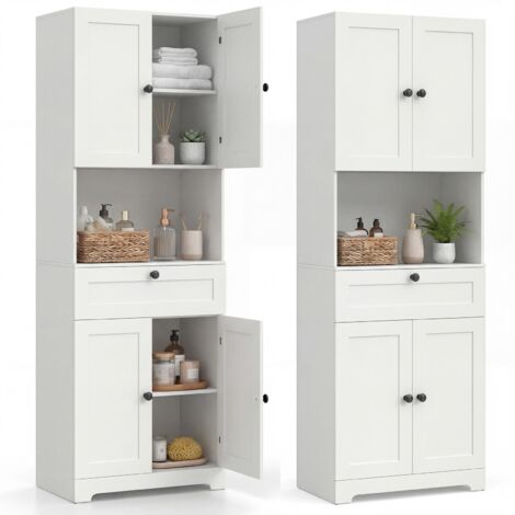 armoire de salle de bains haute tour à linge organisateur autoportant placard de cuisine buffet meuble en bois 4 portes tiroir étagère réglable comp