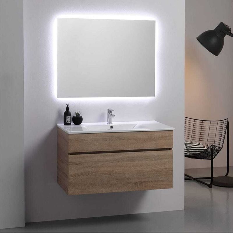 Kiamami Valentina - Armoire De Salle De Bains Murale Moderne 90Cm Puits En Chêne Avec Miroir Sole