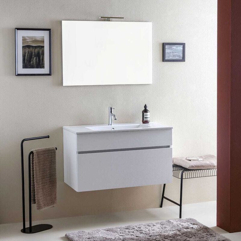 Armoire De Salle De Bains Suspendue 90Cm Lavabo Promenade Et Miroir Sole