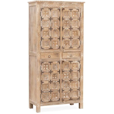 Armoire de salon ALAMBIA – Bois massif de manguier blanchi – 4 portes 2 tiroirs – 110cm