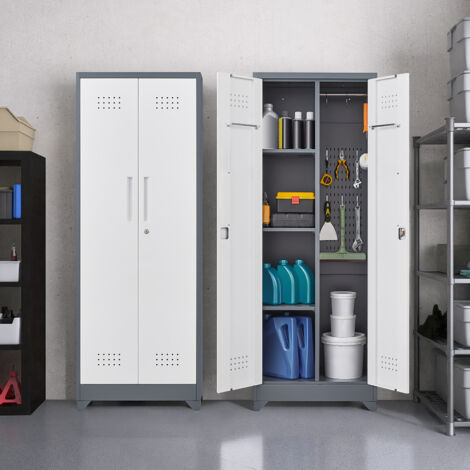 Armoire de stockage pour outils de nettoyage métalliques gris de 65" avec portes verrouillables,étagères,canne suspendue et crochets en S