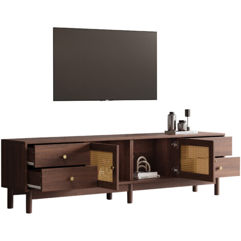 Armoire de télévision de 180 cm de long, en bois de couleur foncée. Elle dispose de deux portes battantes, quatre compartiments, un système pour organiser les câbles