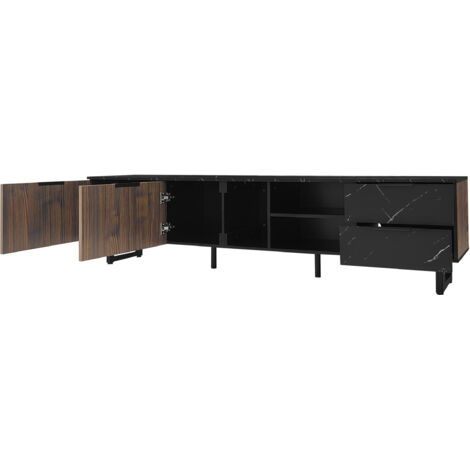 Armoire de télévision de 200 cm, avec un design en marbre noir. Les portes sont en bois foncé. L’armoire est équipée d’un éclairage LED réglable.Idéale pour les robots aspirateurs.