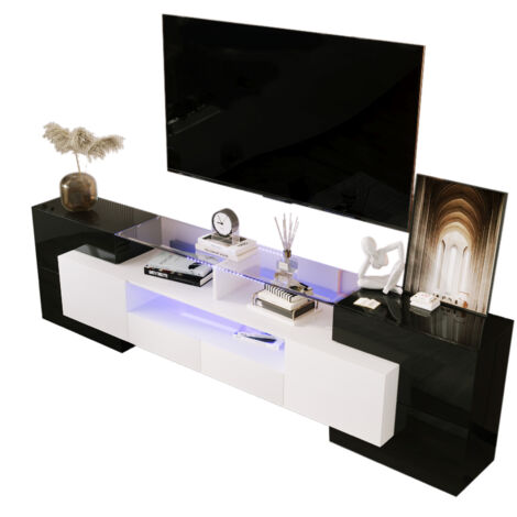 Armoire de télévision élégante, avec un panneau bas. Couleur blanche et noire brillantes. Longueur : 200 cm. Éclairage LED. Meubles de salon modernes. Surface en verre élégante.