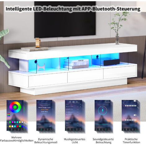 Armoire de télévision en acier blanc, avec une finition haut de gamme. Elle est équipée de 3 compartiments en verre. La lumière est assurée par des LED. L’armoire est contrôlée via l’application mobil