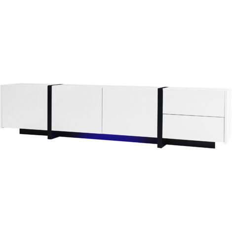 Armoire de télévision, meuble de rangement bas, en bois laqué blanc. Les pieds du meuble sont noirs. Les portes et les compartiments de l’armoire sont simples.