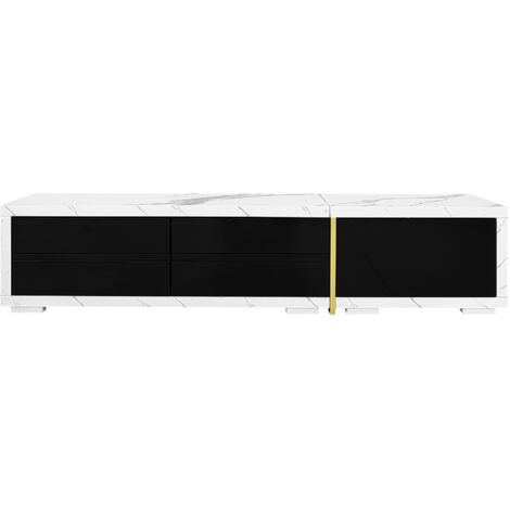 Armoire de télévision moderne, avec une longueur variable (140 à 260 cm). Elle possède une fonction de rotation. Son design est en marbre blanc. De plus, elle est décorée de motifs dorés.