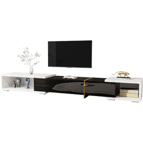 Armoire de télévision moderne, avec une longueur variable (140 à 260 cm). Elle possède une fonction de rotation. Son design est en marbre blanc. De plus, elle est décorée de motifs dorés.