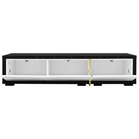 Armoire de télévision moderne, avec une longueur variable (140–260 cm). Elle possède une fonction de rotation. L’aspect est en marbre noir  le fini est blanc et brillant. De plus, elle est décorée de 