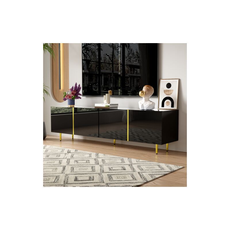 Armoire de télévision noir brillant quatre portes, moderne et minimaliste, couleur or noir