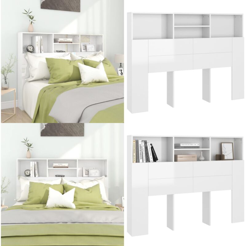 Vidaxl - Armoire de tête de lit Blanc brillant 140x19x103,5 cm - Tête De Lit Design - Tête De Lit Rangement - Tête De Lit Moderne - Meubles Chambre