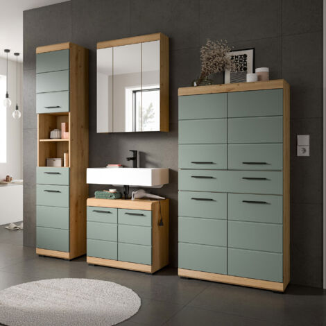 Armoire de toilette + 3 meubles chêne brun et kaki - OLBO
