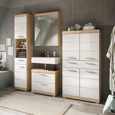 Armoire de toilette + 3 meubles chêne et blanc - LAMBY