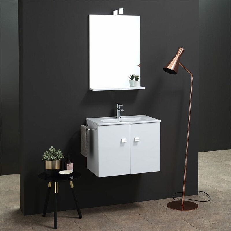Kiamami Valentina - Armoire De Toilette 60 Cm Avec Lavabo Et Miroir, Ligne Carrée