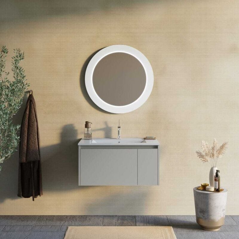Kiamami Valentina - Armoire De Toilette 80Cm Beige Sable Avec Miroir Rond Éclairé Par Led Monaco