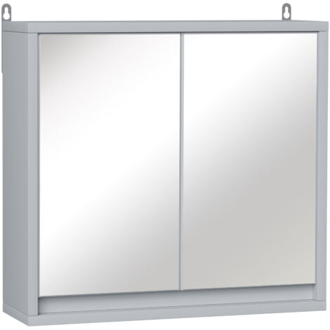 Armoire de toilette avec miroir à 2 portes et étagère en bois réglable, 48 x 14,5 x 45 cm, grise