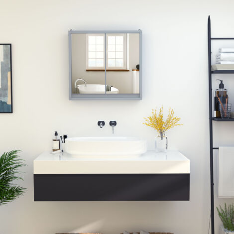 Armoire de toilette avec miroir à 2 portes et étagère en bois réglable, 48 x 14,5 x 45 cm, grise