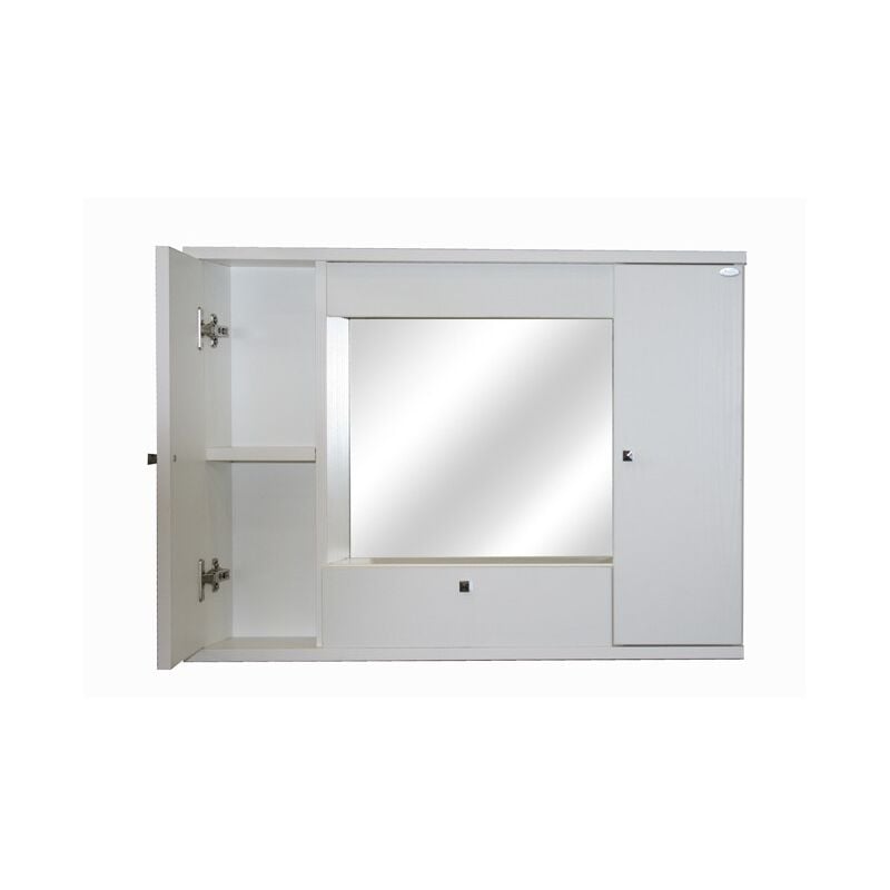 Armoire de toilette avec miroir de salle de bain en frêne blanc avec 2 portes abattantes h.61x93x14 cm