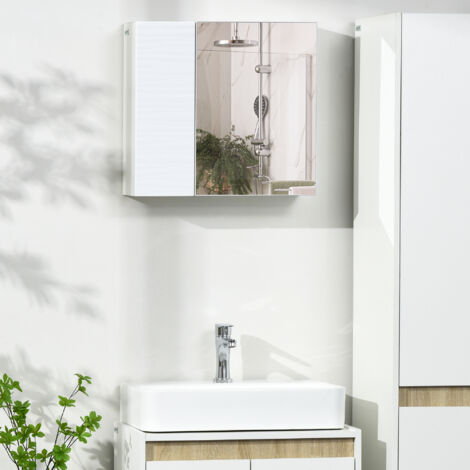 Armoire de toilette avec miroir en panneaux de particules et verre, 4 étagères réglables, fixation murale, 48 x 15 x 45 cm, blanc